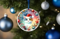 Colorful Christmas Cat Round Ornament Sublimation PNG Product Image 1