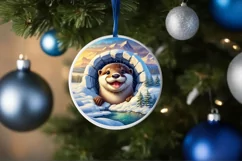 Snow Otter Smiling Winter Round Sticker Ornament Product Image 1