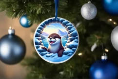 Snow Otter Smiling Winter Round Sticker Ornament Product Image 4