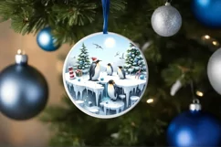 Watercolor Christmas Penguins 3D Round Sticker Product Image 4
