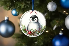 Watercolor Penguin Round Christmas Ornament Sublimation PNG Product Image 4