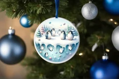 Colorful Christmas Penguins Round Ornament Sublimation PNG Product Image 4