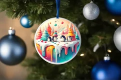 Colorful Christmas Penguins Round Ornament Sublimation PNG Product Image 4