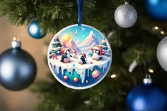 Colorful Christmas Penguins Round Ornament Sublimation PNG Product Image 4