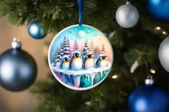 Colorful Penguins Winter Scene Round Ornament Sublimation Product Image 1