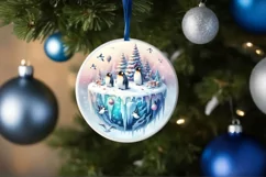 Colorful Penguins Winter Scene Round Ornament Sublimation Product Image 4