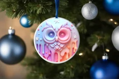Owl 3D Pastel Christmas Round Ornament Sublimation Product Image 4