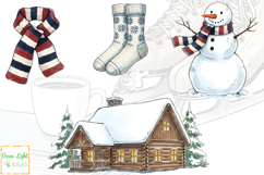 Watercolor Cozy Winter Cabin Clipart, Snowy Winter Graphics Product Image 4