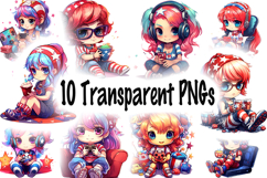 Cute 4th of July Clipart Chibi Girls Patriotic PNG Set Product Image 2