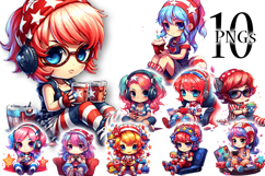 Cute 4th of July Clipart Chibi Girls Patriotic PNG Set Product Image 1