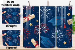 3D cap design, seamless stars wrap, firework combo theme, 3D graduation celebration, independence grad, 20oz skinny tumbler, tapered straight design, 3D star effect, seamless patriotic grad, 3D celebration cap
