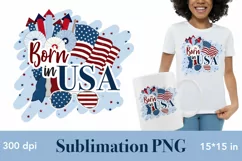 American flag, firecrackers and sunglasses with the symbols of the USA and the inscription: Burn in USA. The patriotic illustration is suitable for sublimation printing on mugs and T-shirts.
