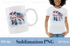 American flag, firecrackers and sunglasses with the symbols of the USA and the inscription: Burn in USA. The patriotic illustration is suitable for sublimation printing on mugs and T-shirts.