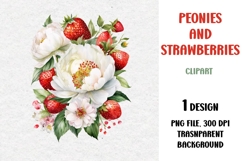 Watercolor Peonies and Strawberries, PNG Product Image 1