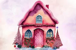 Pink Christmas House Watercolor Clipart PNG Product Image 6