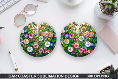 Flower Car Coaster Sublimation| Summer Flowers Coaster PNG Product Image 1