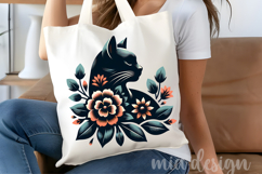 Folk Art Black Cat PNG, Floral Botanical Sublimation Product Image 4