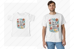Colorful Boho floral Christian sublimation design featuring a bold white cross, hand-drawn wildflowers, and uplifting Bible verse &quot;In the Waiting, God is Working.&quot; Perfect for faith-based t-shirt printing, mugs, and wall art. This high-resolution PNG is i
