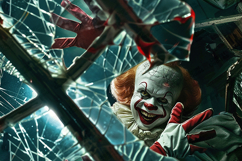 Creepy Horror Clown Behind Broken Glass Dark Scene Product Image 1
