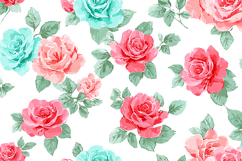 Floral pattern pink &amp; blue roses on a white background Product Image 1
