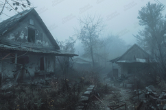 Spooky Foggy Abandoned Village Haunted House Background JPG Product Image 1