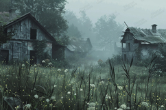 Spooky Overgrown Abandoned Village Foggy Rural Background Product Image 1