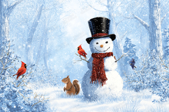 Cute Winter Snowman Scene with Birds and Forest Background Product Image 1
