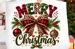 Merry Christmas Leopard Plaid Bow PNG Product Image 1