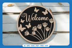 Welcome Round Sign Lasercut - Floral SVG Product Image 1