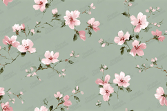 Soft Cherry Blossom Floral Pattern on Sage Green Background Product Image 1