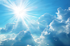 Bright Blue Sky with Radiant Sun and Clouds Background Product Image 1