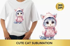 Winter Cute Pink Cat Watercolor Sublimation PNG Product Image 1