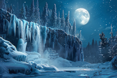 Moonlit Frozen Waterfall Winter Night Background Product Image 1