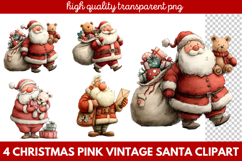 Pink Vintage Santa Clipart | Retro Christmas Santa PNG Product Image 1