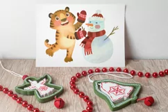 Tiger with Snowman, Funny Christmas 2022 watercolor clipart Product Image 6