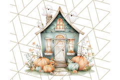 Watercolor Halloween Cottage Clipart, Ghosts &amp; Pumpkins Png Product Image 5