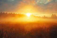 Golden Sunrise over Misty Meadow Background Product Image 1