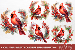 Christmas Wreath Cardinal Bird Sublimation Clipart Product Image 1