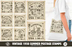 Vintage 1950 Summer Postage Stamps PNG Clipart Product Image 1