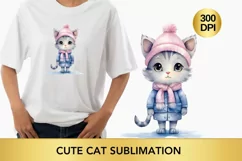 Winter Cute Pink Cat Watercolor Sublimation PNG Product Image 1