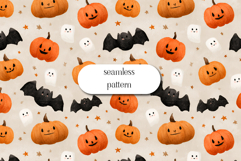 Cute Halloween Pumpkins Bats Ghosts Seamless Pattern Art Product Image 1