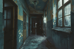 Abandoned Hallway Interior with Peeling Paint and Windows Product Image 1