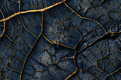 A dark blue leaf with intricate golden veins and cracks Product Image 1