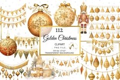 Wartercolor Golden Christmas Clipart Bundle, Gold Xmas PNGs Product Image 7