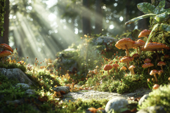 Enchanted Sun-Drenched Forest Mushroom Landscape Product Image 1