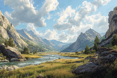 Majestic Alpine River Valley Landscape Background Product Image 1