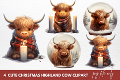 Cute Christmas Highland Cow Clipart Product Image 1
