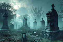 Spooky Misty Cemetery Night Background Product Image 1