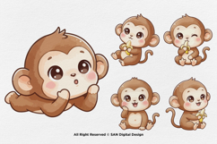 15 Bundle Watercolor Baby Monkey Animal Primate Banana Kids Product Image 5