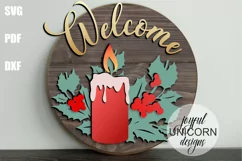 Christmas Candle Welcome Sign SVG | Holly Berry Wood Round Product Image 1